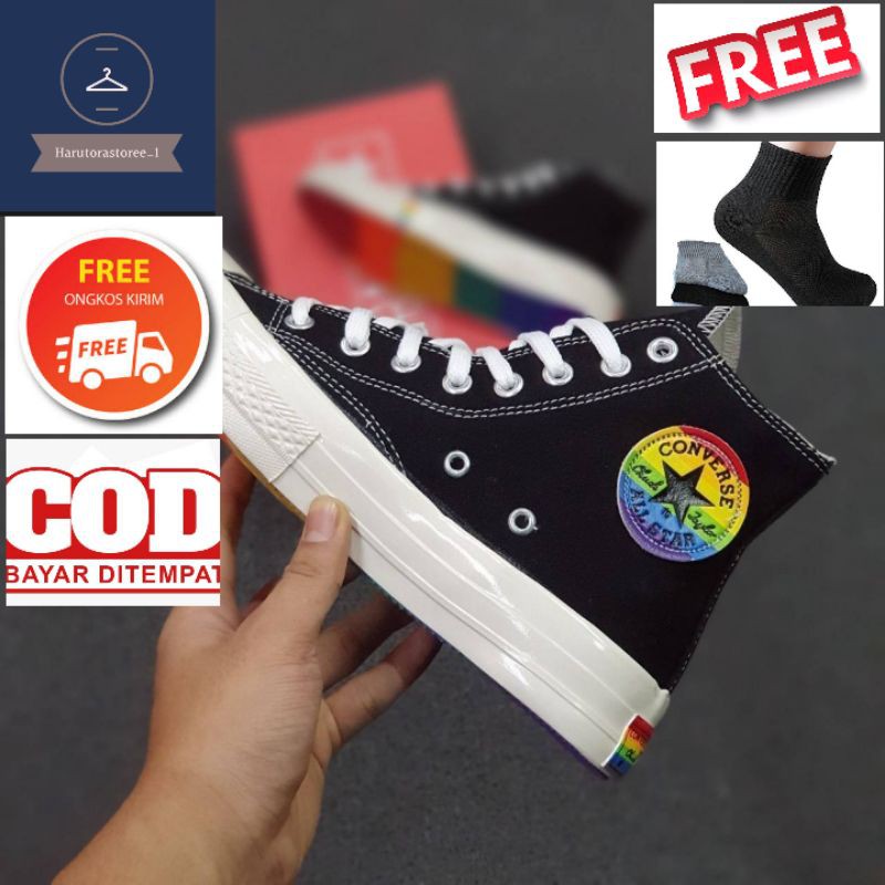SEPATU SNEAKERS CONVERSE ALL STAR 70S RAINBOW HIGH BLACK WHITE IMPORT GRADE ORIGINAL PRIA MURAH