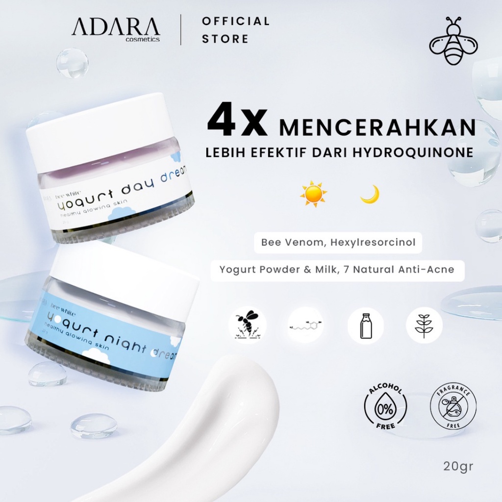 [ Agen Resmi ] ADARA - BEE WHITE YOGURT DAY CREAM &amp; NIGHT CREAM | Krim Moisturizer Pelembab Wajah Siang Malam Original