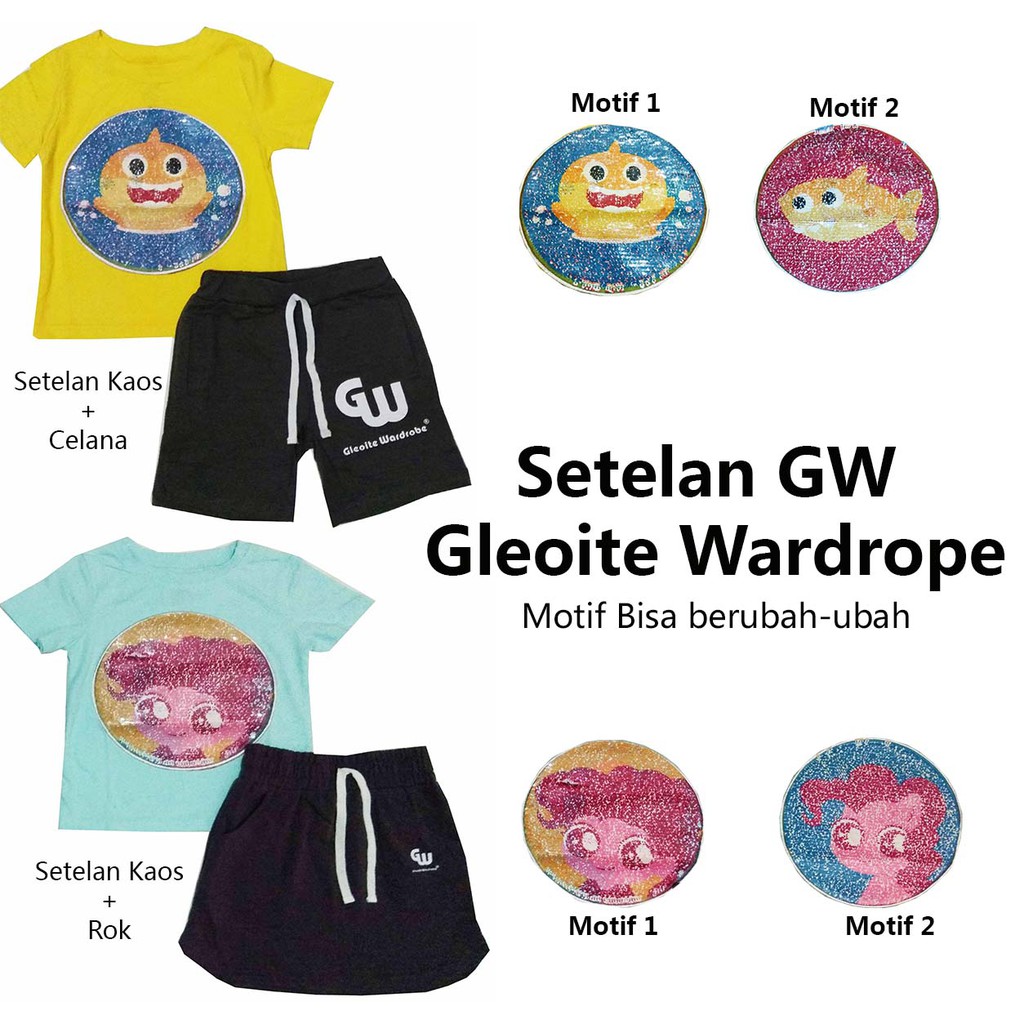 SETELAN PENDEK Baju Anak Celana dan Rok GW Size 95 - 140 motif bisa berubah baju celana rok baju cewek kids