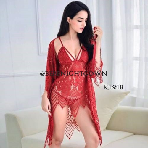 SET SEXY KIMONO LINGERIE NIGHT DRESS LACE BROKAT PREMIUM MERAH KL21B