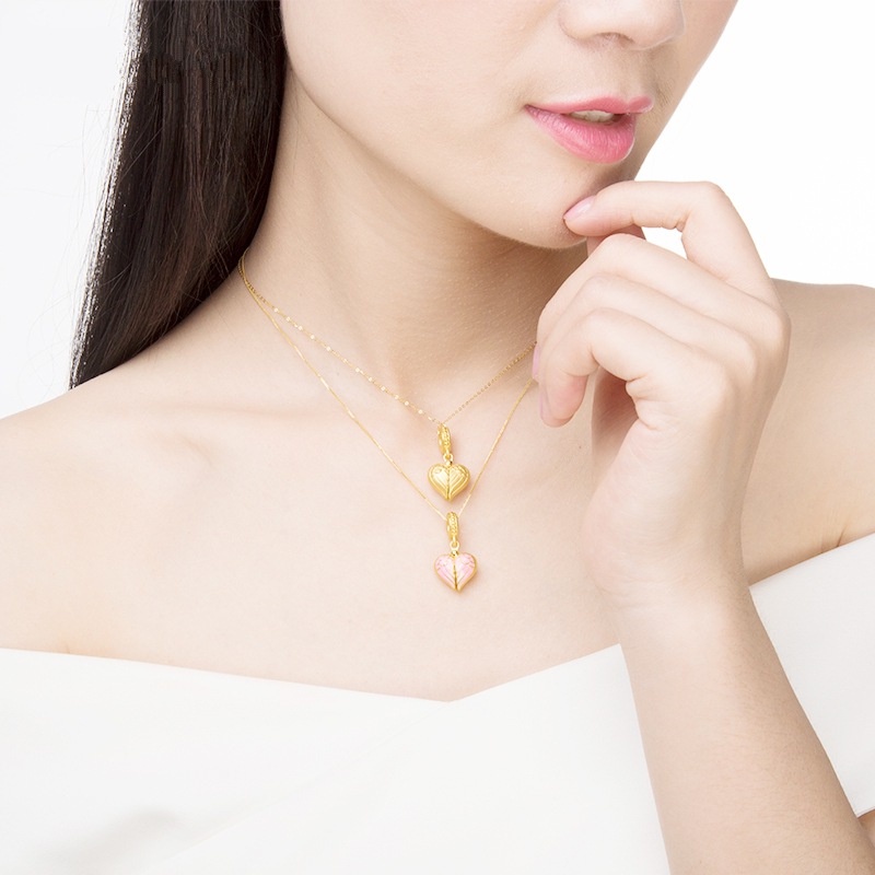 [Ready Stock]Fashion Gold Plated Love Heart Angel Wings Pendant Pink Necklace