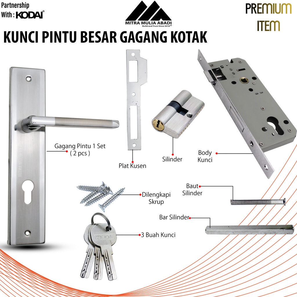 Kunci Pintu Besar Emas Ultima by KODAI | Gagang Persegi Panjang | Full Set