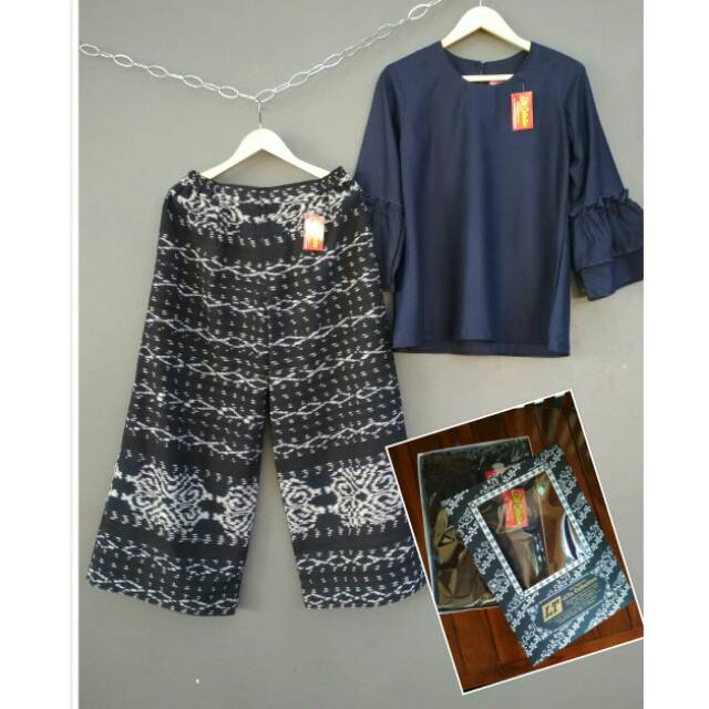 Setelan blouse dan celana kulot tenun asli tenun