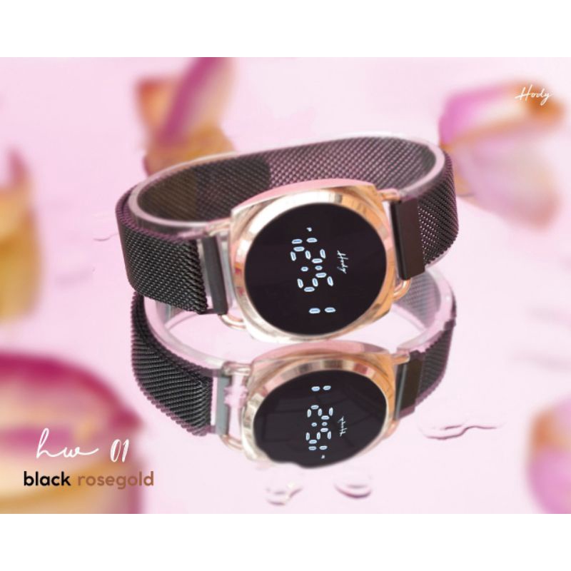 Ready Hody Watch HW-01 Garansi Original Digital Jam Tangan Hody Digital Touch Screen Magnetic Bukcle Tali Rantai Pasir Jam Tangan LED Jam Tangan Wanita TERLARIS BEST SELLER Jam Tangan Pria Universal HW 02-Black Rosegold
