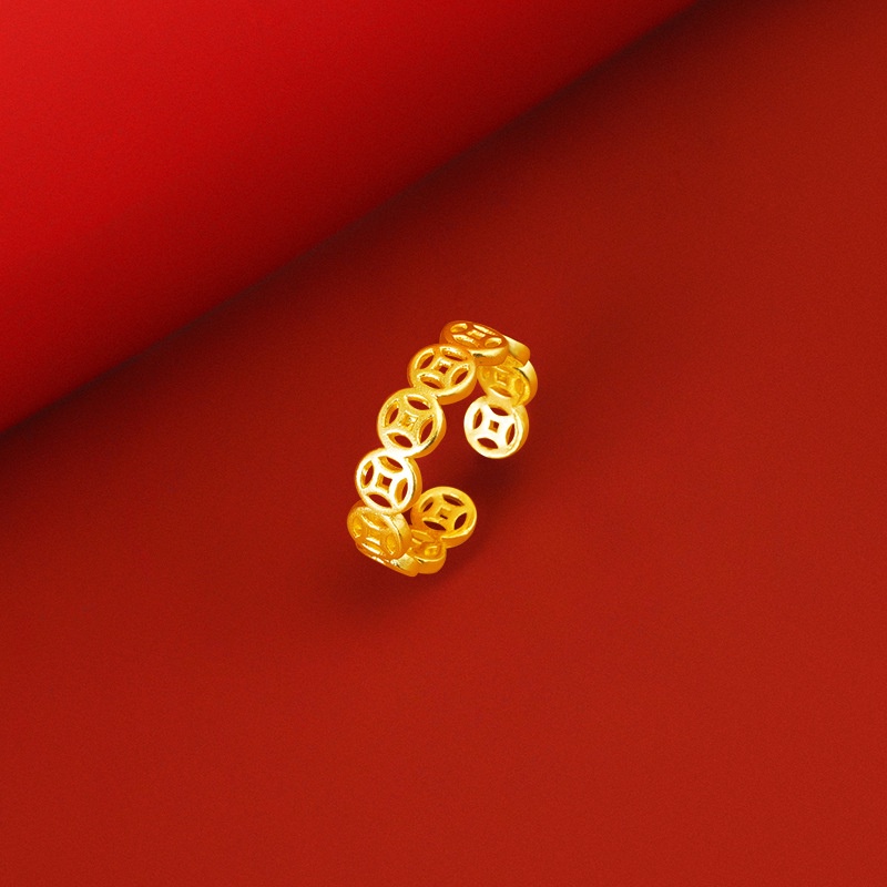 Cincin Model Terbuka Adjustable Desain Koin Bahan Tembaga Lapis Emas Emas Asli Kadar 375 Gaya Vintage Untuk Wanita