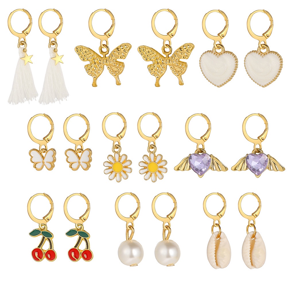 9 Pasang Anting Tusuk Gantung Wanita Model retro Butterfly + Bunga + Rumbai Mutiara