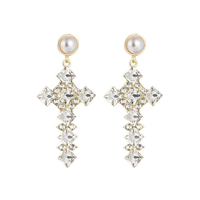 LRC Anting Tusuk Fashion Pearl Alloy Cross Earrings With Diamonds D95334