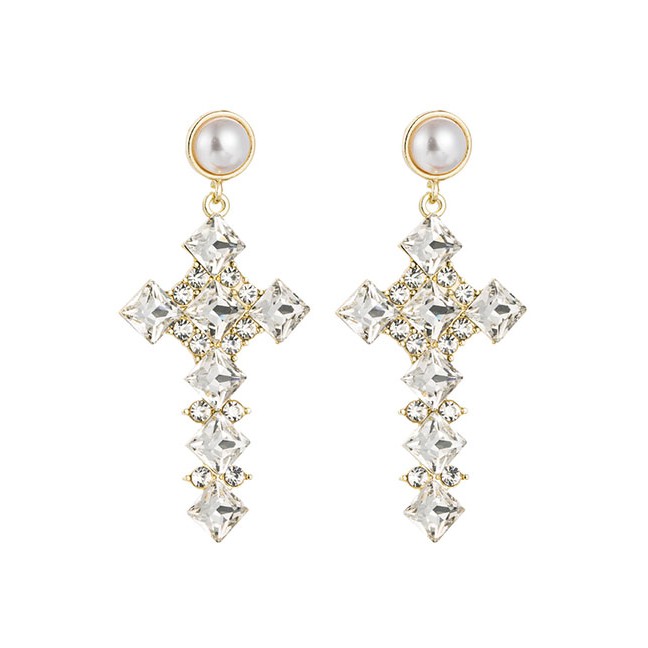 LRC Anting Tusuk Fashion Pearl Alloy Cross Earrings With Diamonds D95334