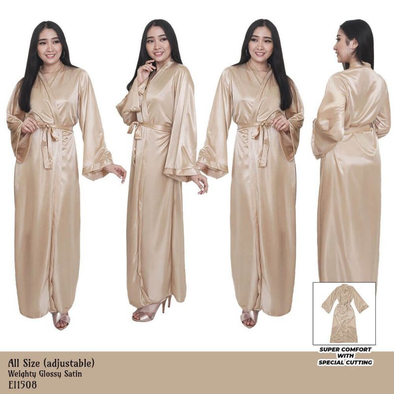Kimono wanita sexy Outer panjang satin baju tidur allsize gold 1508LGKIM