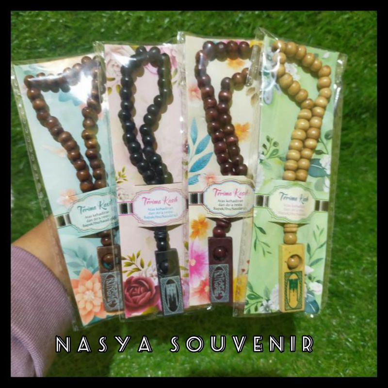 50PCS Souvenir Tasbih Kayu Plat 33 Butir Kemasan Alas kertas Kado Motif Hadiah Pernikahan