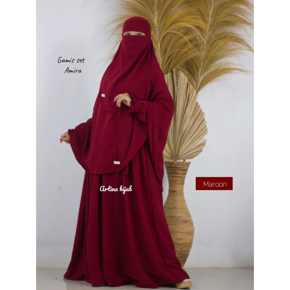 gamis syar'i wolfis premium set hijab | gamis set cadar bandana | gamis polos  amira