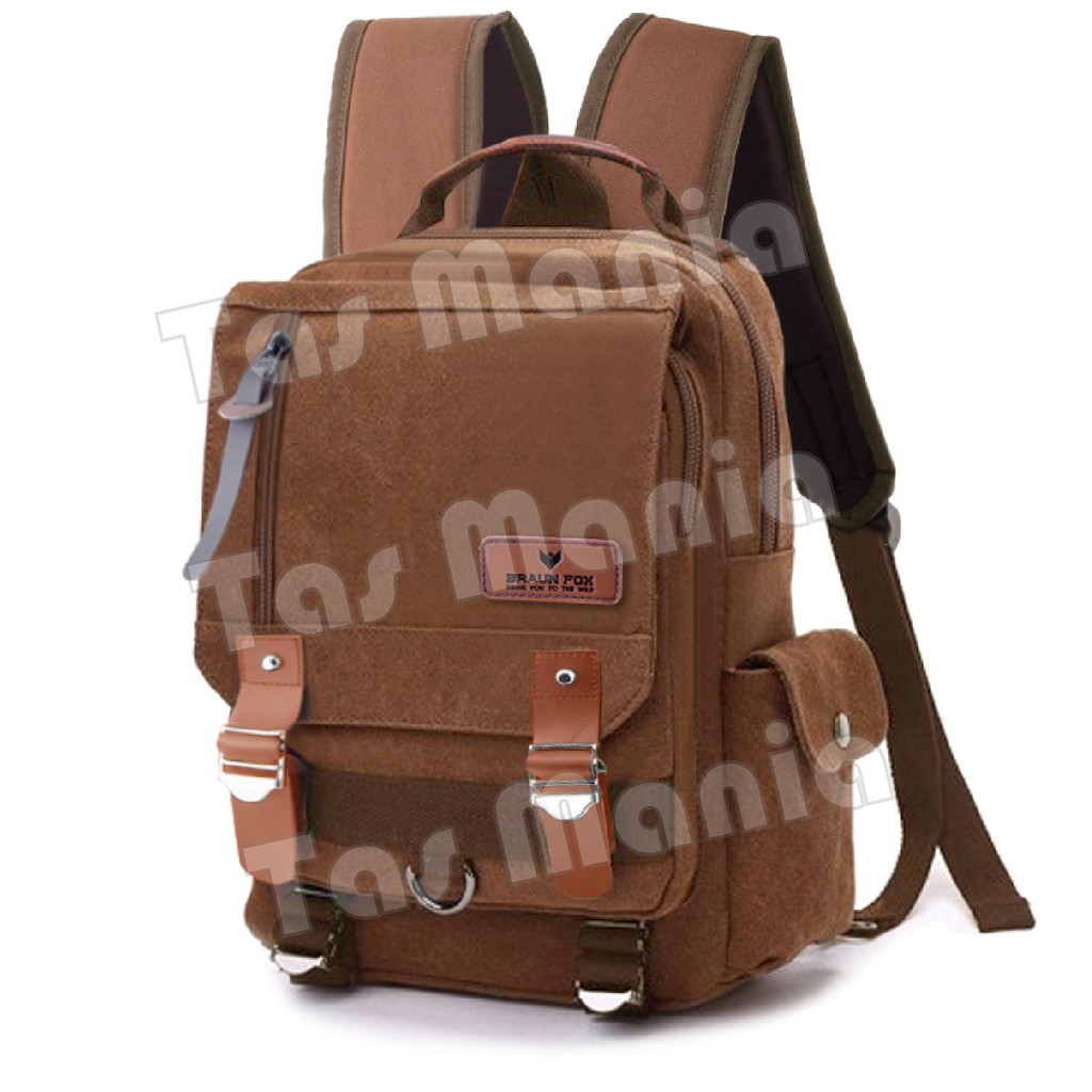 PTS -Braun Fox Canvas Gesper Backpack Men Travel Back Pack Multifunctional