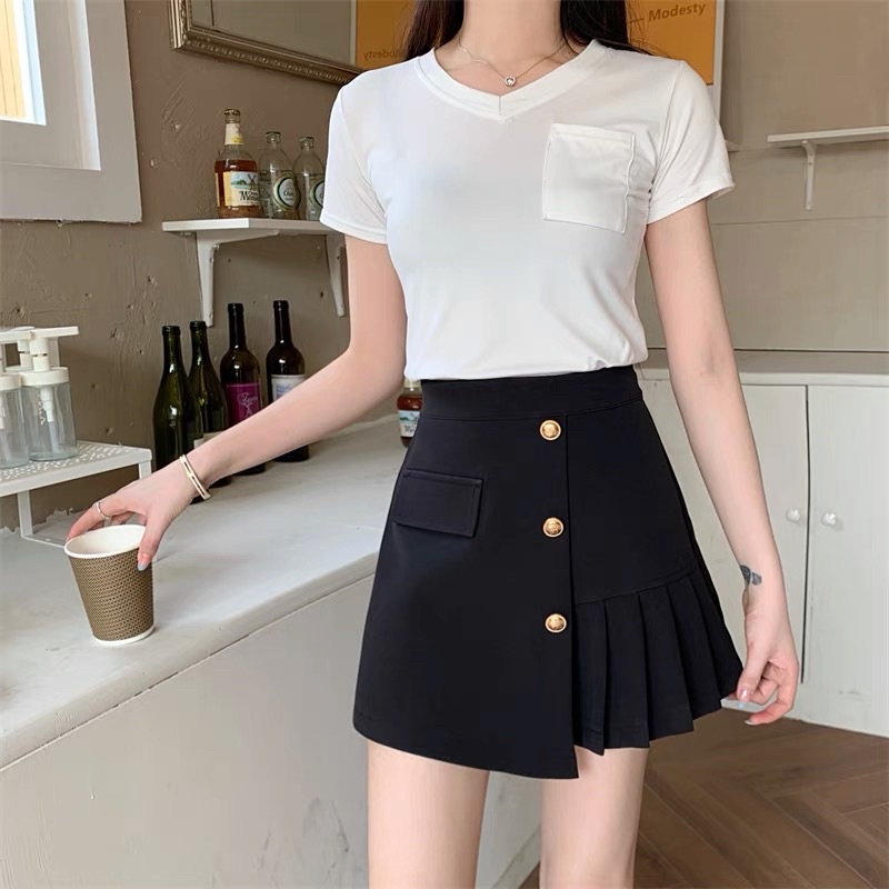 (S-XXL) 3BUTTON KOREAN STYLE PLEATED SKIRT ROK WANITA