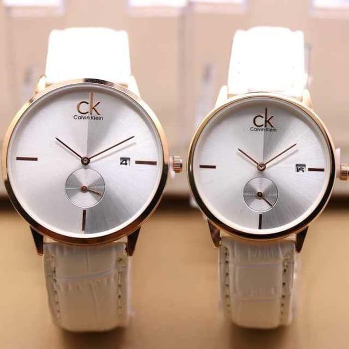 Jam Tangan Couple / Pasangan Ck Couple Sk445 Leather White Rosegold