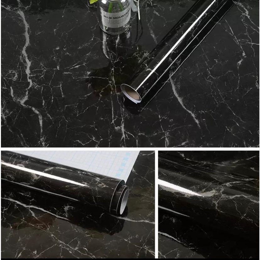 Wall Stiker Dinding Dapur Anti Minyak / Api Wallpaper Sticker Alumunium Foil Dekorasi Dapur Glossy Marmer Hitam