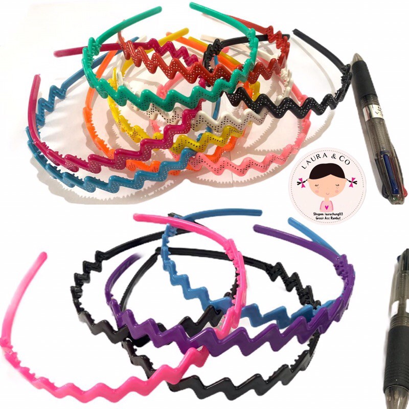 Bando bandana zigzag warna totol polos 12pc grosir lusinan