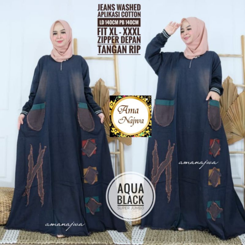 Aqua Suju Dress Maxy Gamis Polos Hitam Super Jumbo Jeans Ld 140 Fit XXXXL Rawis Busui Resleting By A