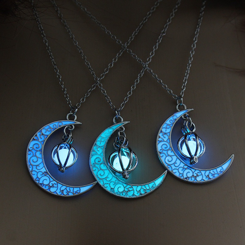 Glow In The Dark Luminous Fashion Necklace Moon&amp;Pumpkin Pendant Silver Plated