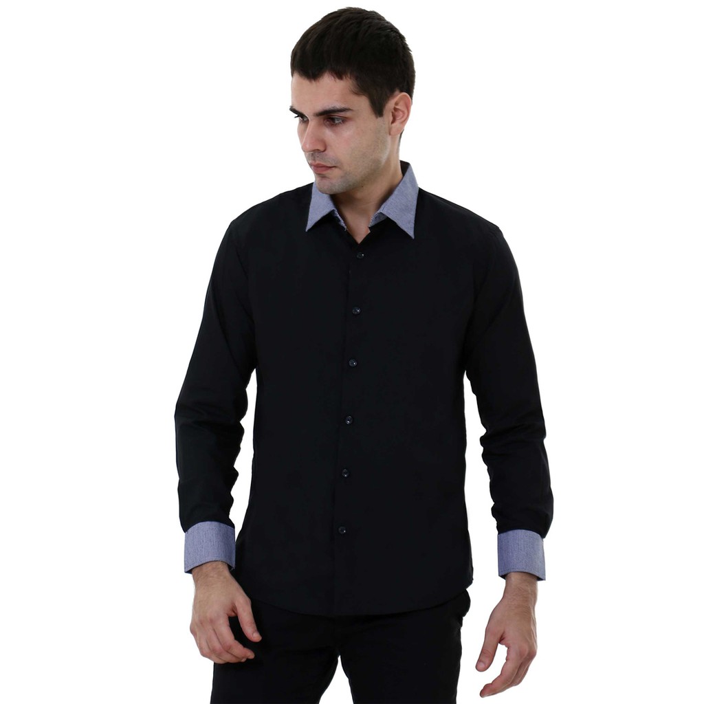 Baju Kemeja Pria Formal Hitam Slim Fit COD