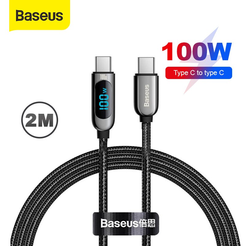 baseus kabel data 2m type c to type c 100w pd fast charging led display
