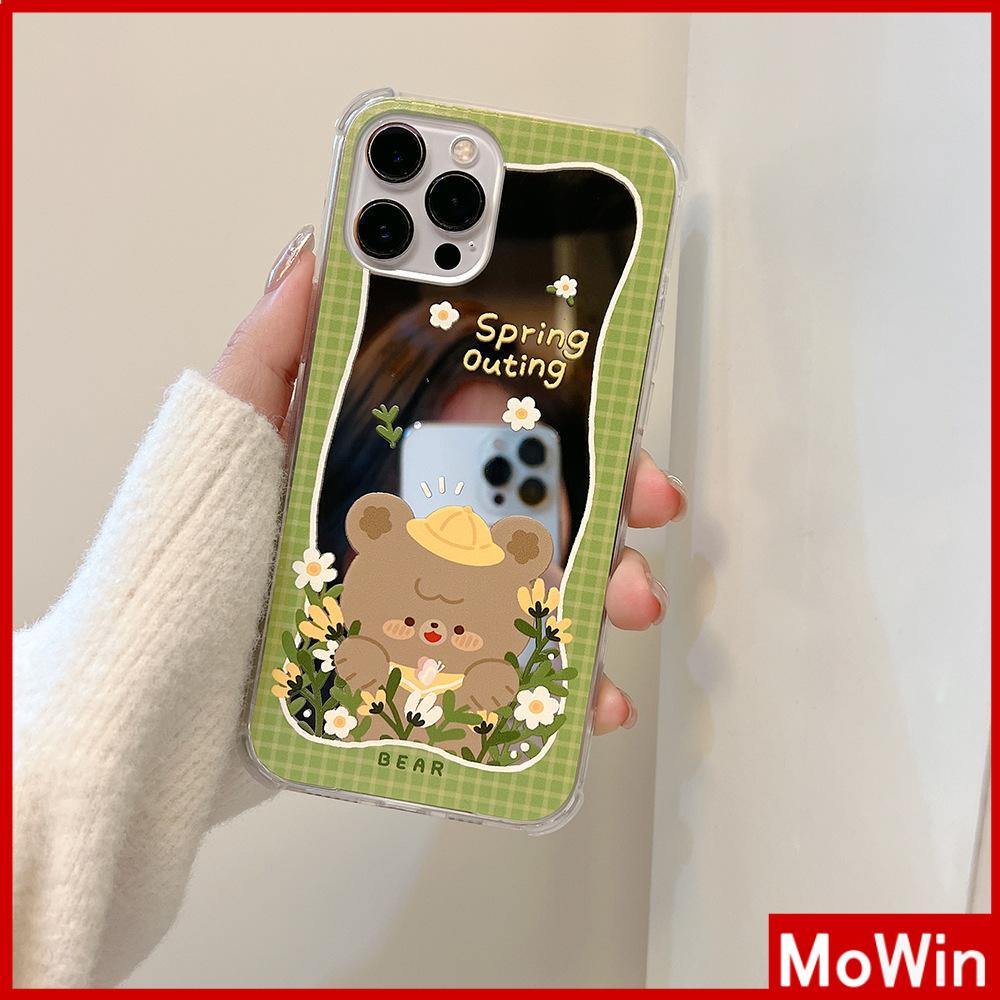 iPhone Case Acrylic Mirror Airbag Shock Resistant Big Hole Camera Protection Green Flower Bear Compatible For iPhone 11 iPhone 13 Pro Max iPhone 12 Pro Max iPhone 7 Plus