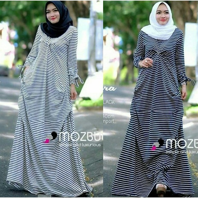 TERLARIS PAKAIAN SET GAMIS WANITA MUSLIM SYARI LEBARAN garis garis salur stripe maxi maxy dress long
