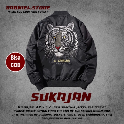 Bomber Jaket Sukajan Pria Original Motif Tora Jacket Model Bomber Full Bordir Gambar Harimau Putih |