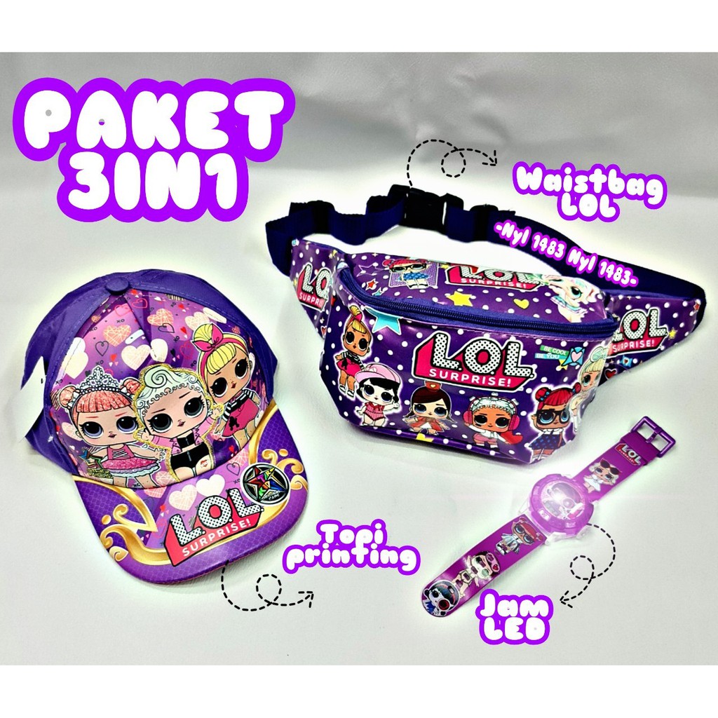 PROMO ^^ TAS WAISTBAGS ANAK PEREMPUAN [ PAKET 3in1 / TOPI PRINTING / JAM TANGAN LED