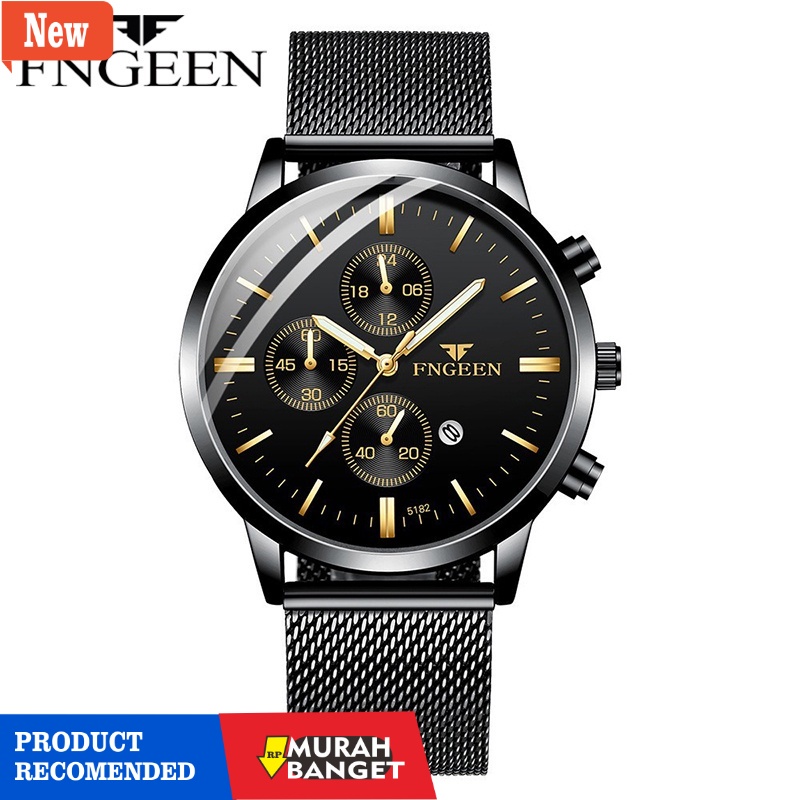 Jam tangan analog pria terbaik- FNGEEN Jam Tangan Pria W5128 Sabuk Stainless Steel Mesh Rantai Pasir
