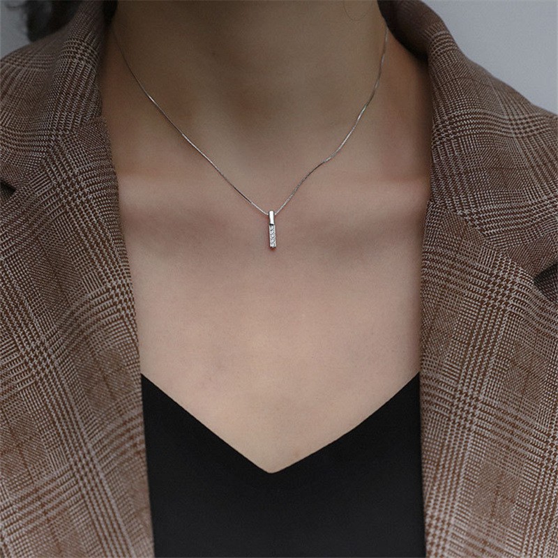 AZ017 Kalung Bandul Berlian Desain Vertikal Warna Silver/Rose Gold Kalung Anti Karat Murah Necklace Jewelry Gift Aksesoris Wanita