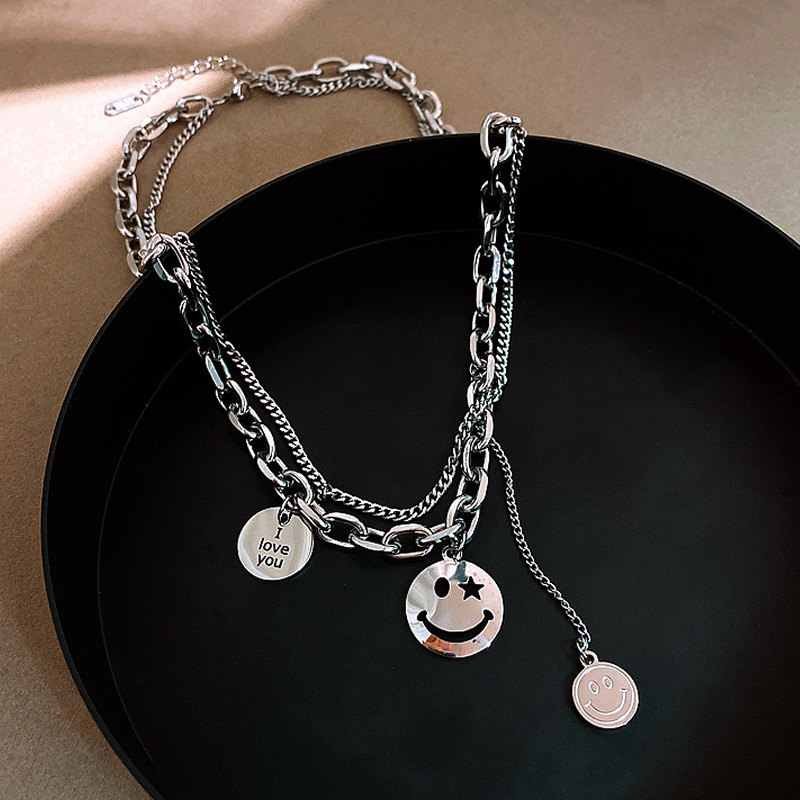 Hip-hop Personality Double Smiley Face Pendant Necklace for Women Girl Temperament Sweater Chain Neck Jewelry