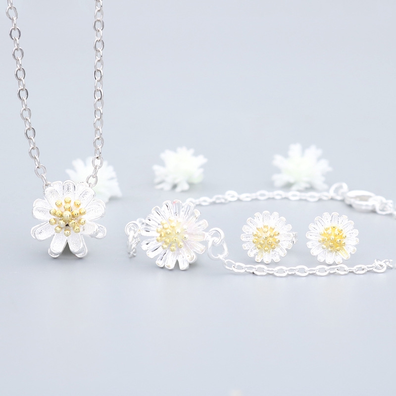Kalung Cincin Gelang Fashion Daisy Flower Silver Necklace Ring Bracelet Women Jewelry Set Accessories Gifts