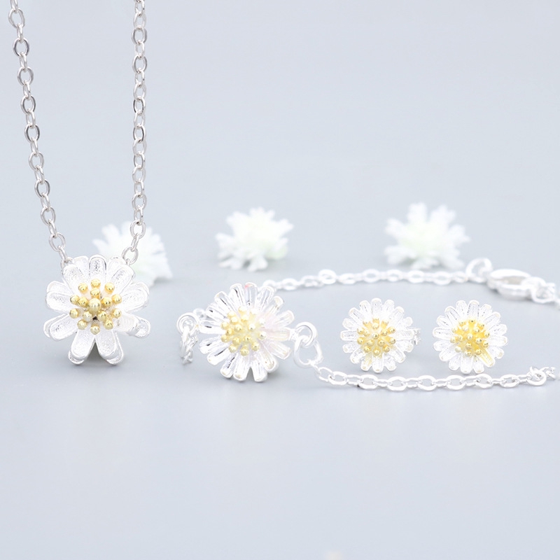 Kalung Cincin Gelang Fashion Daisy Flower Silver Necklace Ring Bracelet Women Jewelry Set Accessories Gifts