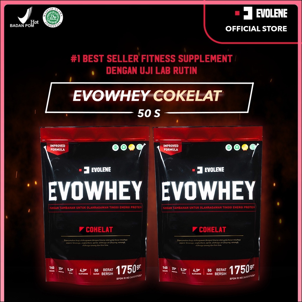 

Evolene Whey Protein Coklat 2x 1750gr/50 Sachet + Shaker Defisit kalori Protein BPOM HALAL ORI