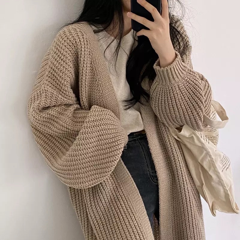 KBS Atasan Wanita Kardigan Rajutan Panjang Kasual Mantel Sweter Longgar  Pakaian Fashion Korea