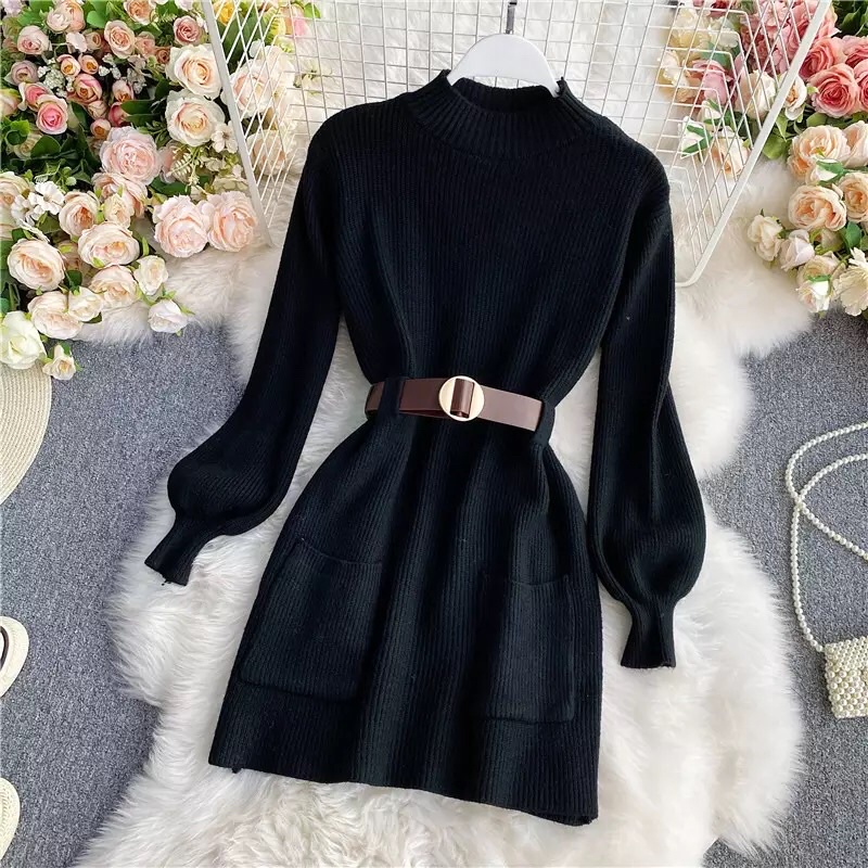 Sweater Dress Rajut Wanita dengan belt Knit Dress