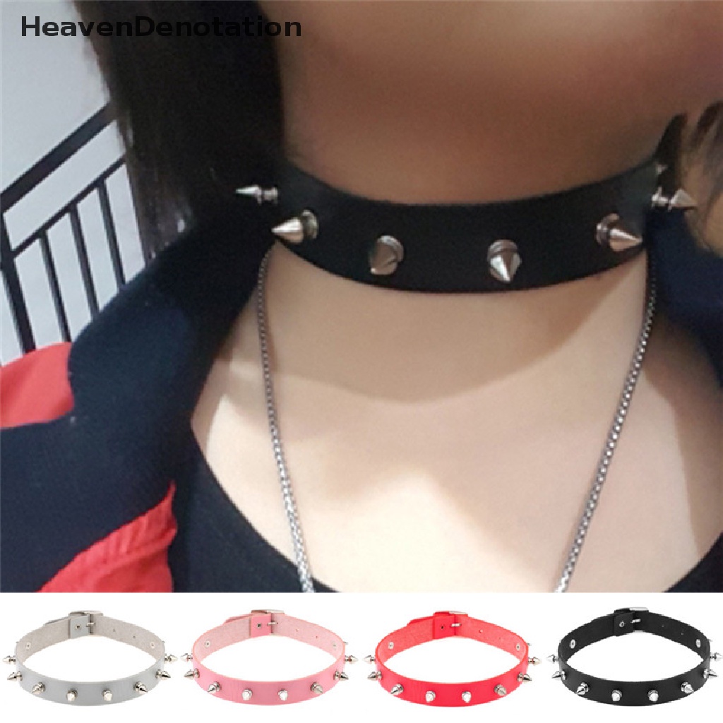 Kalung Choker Rantai Bahan Kulit Aksen Rivet Hati Gaya Punk Gothic Untuk Wanita