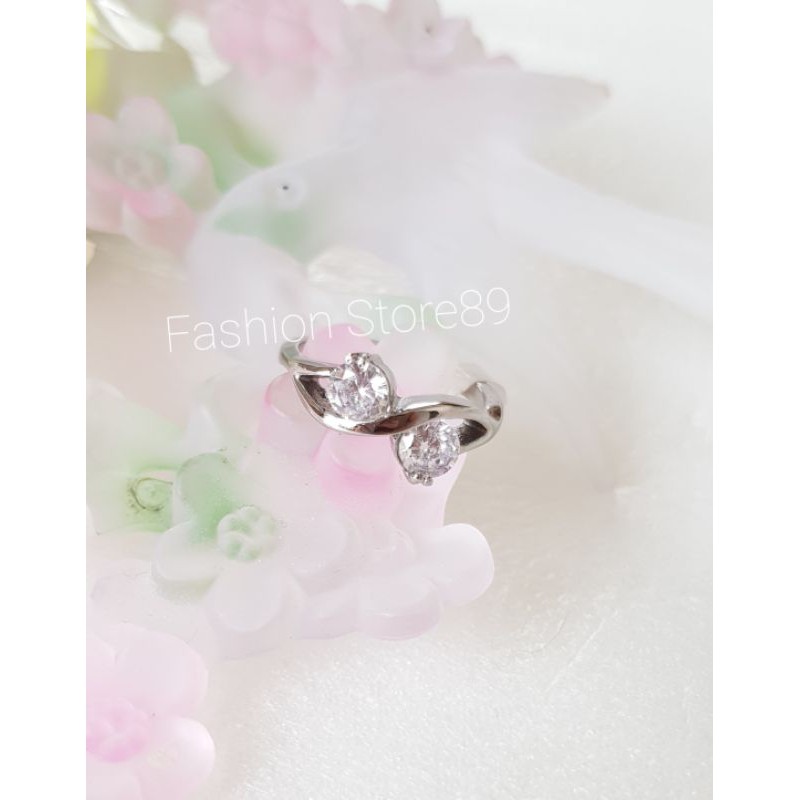 Cincin Titanium silver Double permata elegant cincin nikah halal impor titanium white 2permata putih