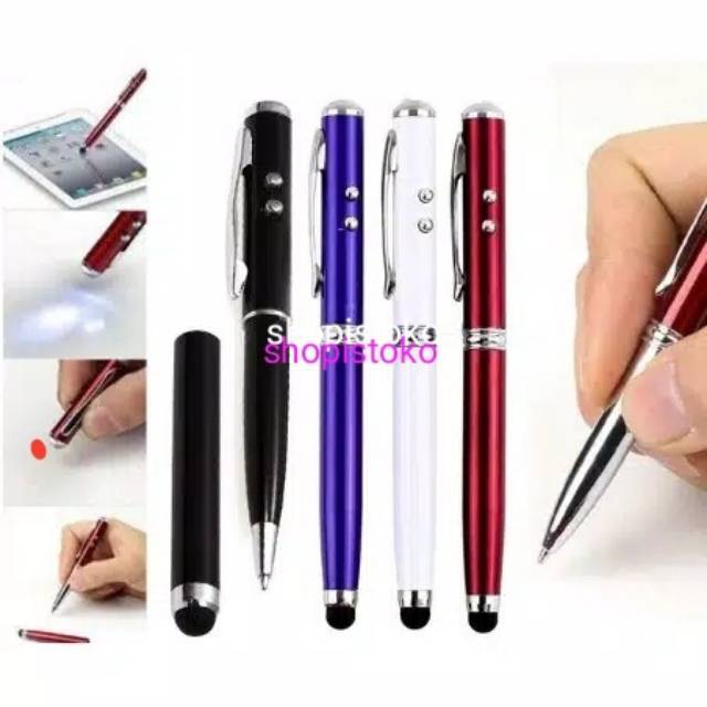 Pointer presentasi red Laser ( 4 in 1 )plus stylus pen plus led light plus bolpoin