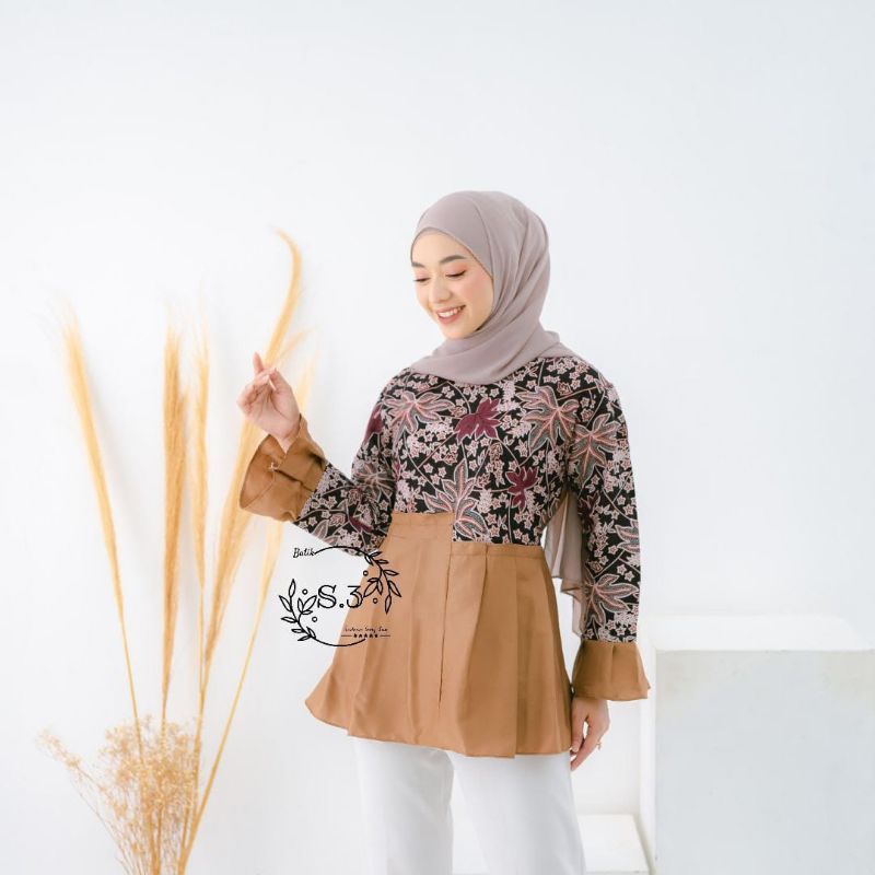 tey-17 Batik wanita ASJ SA HRB026 Kenongo Kemeja Tosca Pendek-Kembang langit 1