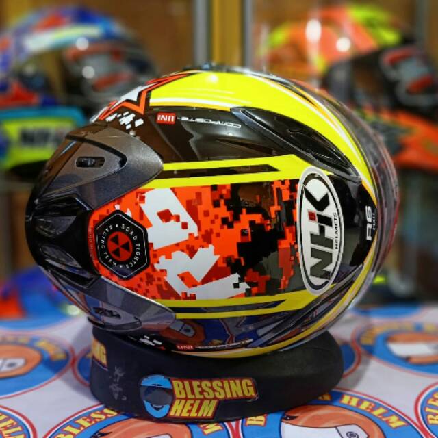 HELM OPEN FACE NHK R6 MOTIF PIXEL BLACK YELOW ORANGE