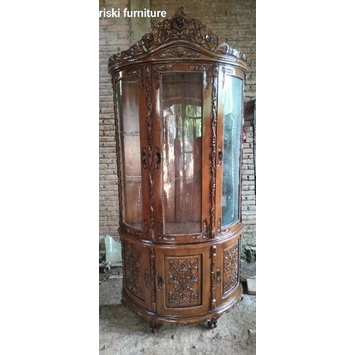 Lemari hias setengah lingkar kaca jati 3 pintu