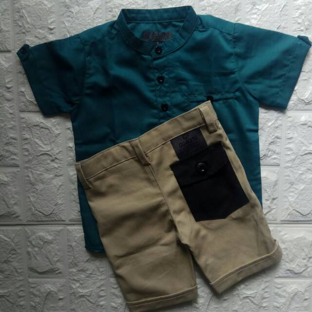 Baju Busana Muslim Kemeja Koko Anak Warna Hijau Tosca Celana Pendek Crem Usia 1 Sampai 7 Tahun