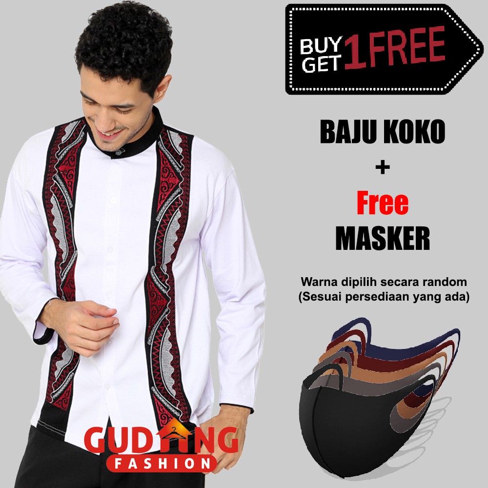 Koko Panjang Bordir Baju Kemeja Pria Muslim Plus Free Masker