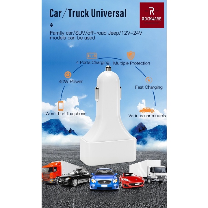 ROCKWARE WLX-K26 - 4 USB Port Car Charger 40W Max - Support PD and QC