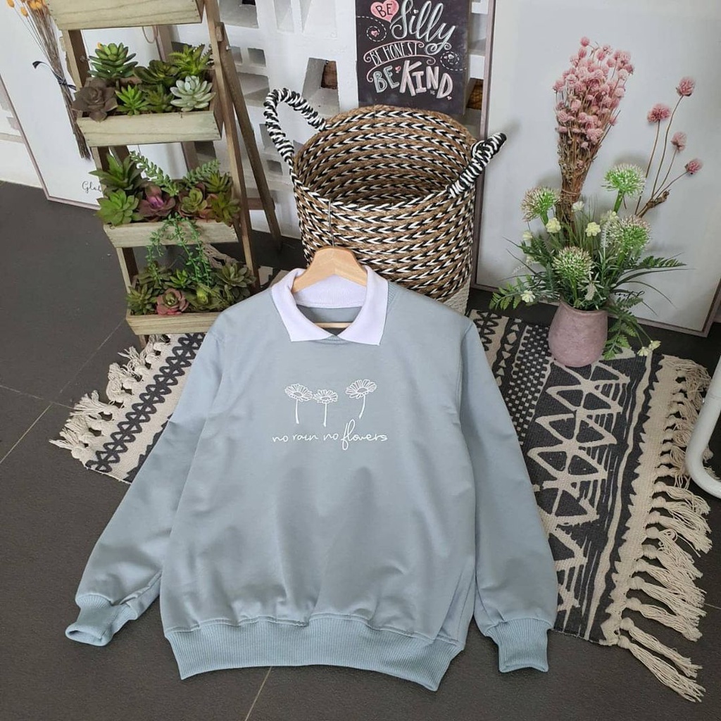 Sweater Wanita Crewneck No Rain No Flower Vintage Style Bahan Fleece
