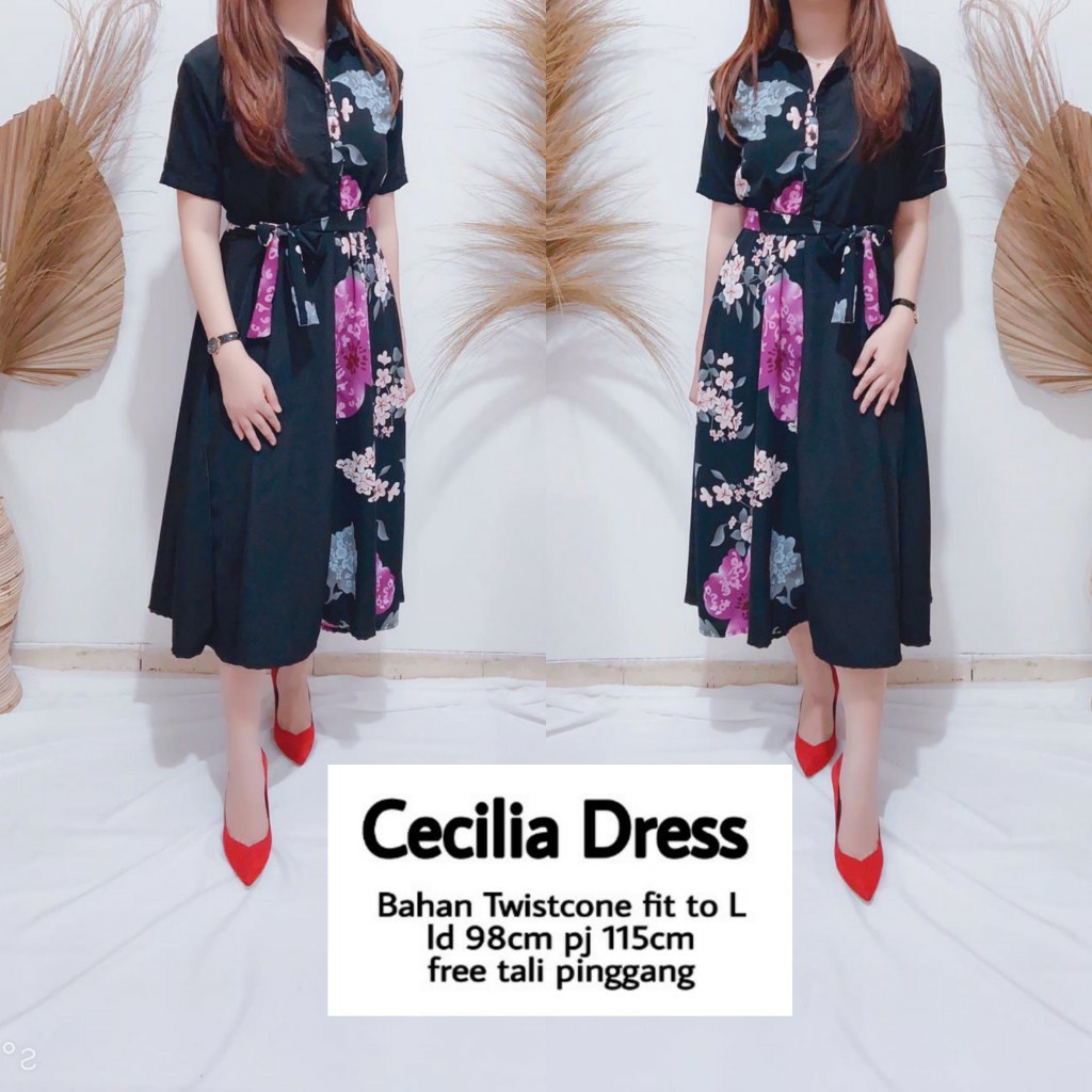 WSE390 - Dress Cecilia Twistcone Premium Kombinasi Dress Wanita Motif Bunga Dress Wanita Two-tone UK L-XL LD 100 CM PJ 100 CM