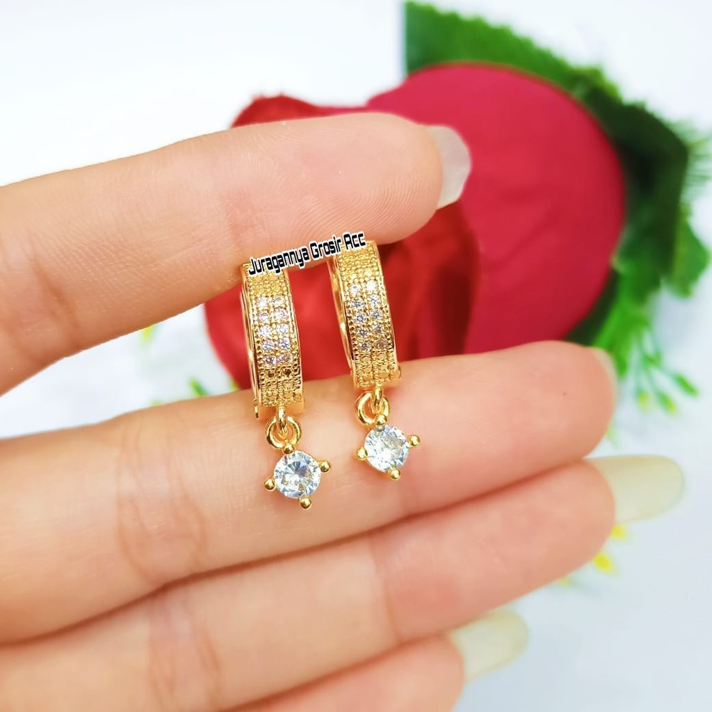 Anting Titanium Jepit/Clip Juray Full Motif Permata Zircon Elegan Anti Karat