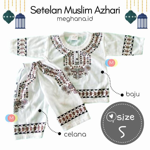 Setelan muslim bayi anak 6-12 bulan azhari special ramadhan lebaran putih size S