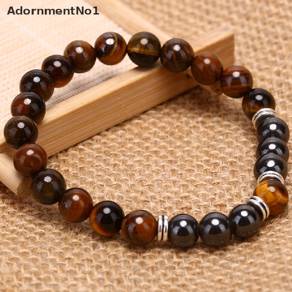 (AdornmentNo1) Gelang Manik Batu Hematite Tiger Eye Alami Elastis Untuk Pria